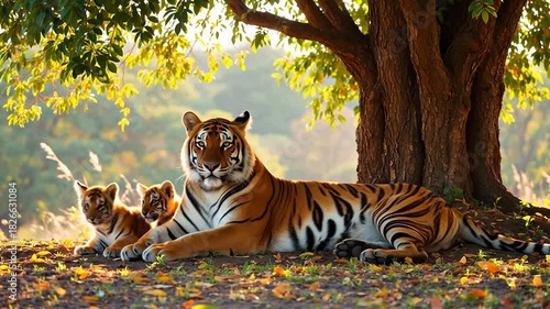 A Serene Moment with a Powerful Bengal Tiger Mother and Her Two Young Cubs in a Lush Forest