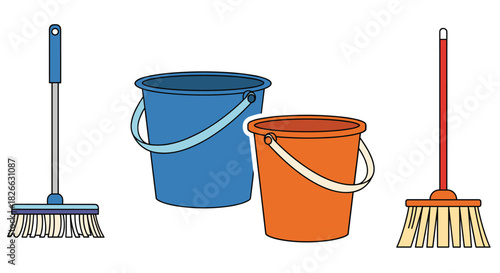 Illustration of essential household cleaning equipment featuring two colorful buckets and two long-handled brooms for domestic chores.