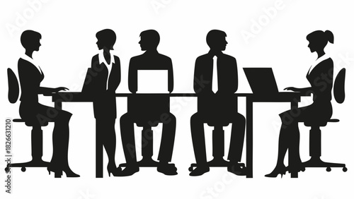 Dynamic team collaboration during a meeting, professional silhouettes working together, strategizing business growth, modern office setting, teamwork and innovation