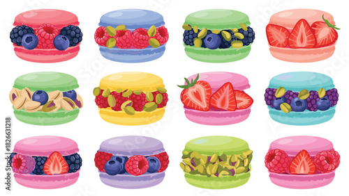 Delicious assortment of colorful macarons with fresh berries and pistachios for a delightful taste sensation, perfect for any sweet occasion