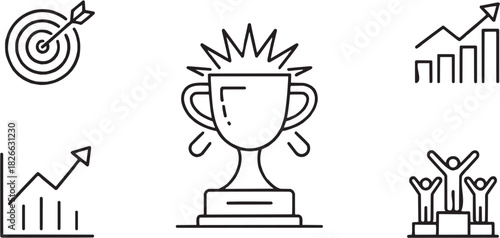 "Trophy and achievement award icon set. Vector glyph pictograms of prize, burst, success symbol, winner badge, honor mark, recognition star, celebration icon black silhouette