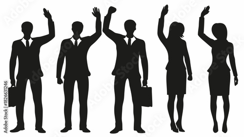 Team of diverse business professionals celebrating success, raising hands in unity and optimism, fostering collaboration and teamwork, strong workforce together