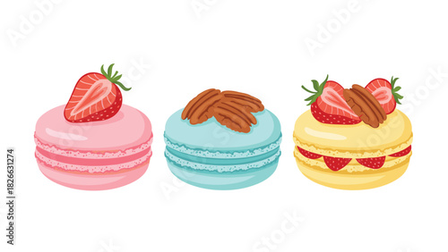 Delightful macarons with strawberries and pecans offer a sweet treat for bakeries, cafes, and dessert lovers with a colorful presentation