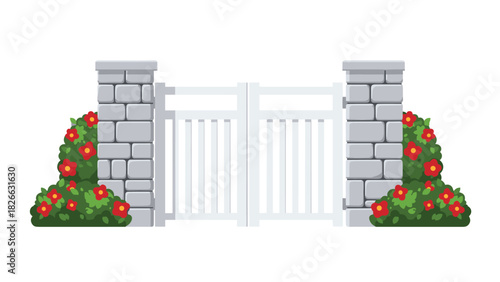 Charming white gate entrance with blooming red flowers and stone pillars welcomes you home to your perfect garden paradise