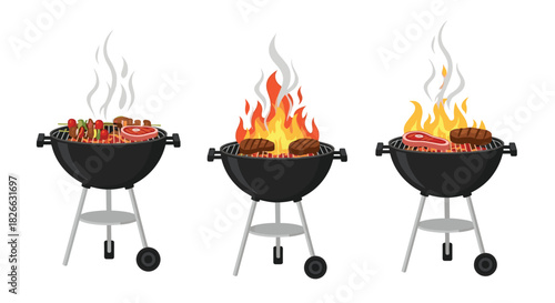 Three different stages of grilling meat and vegetables on charcoal barbecues, showing various levels of fire and smoke.