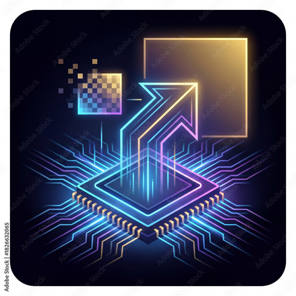 Obraz premium AI Upscaling Process Chip Enhancing Digital Resolution Neon Sticker