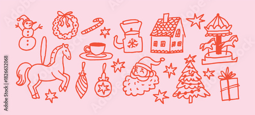 Childlike Christmas doodle illustration with festive icons such as snowman, wreath, candy cane, Santa, carousel horse, ornaments, tree, house and gift. Playful holiday design for cards and posters.