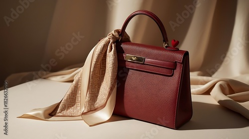 Elegant red crocodile textured handbag with silk scarf