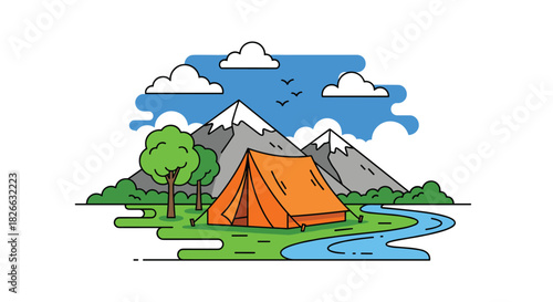 An idyllic illustration of an orange camping tent next to a flowing river, surrounded by lush trees and snow-capped mountains under a clear blue sky.