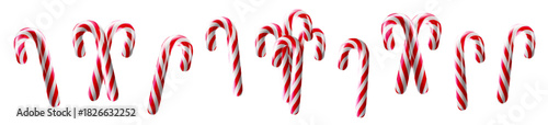 3D candy cane, fruit stick ornament. Realistic striped sugar sweet, holiday vector. Shiny glazed food set, glossy barley stripe. Red pattern emoji, new year render. Dessert gift lollipop, xmas shape
