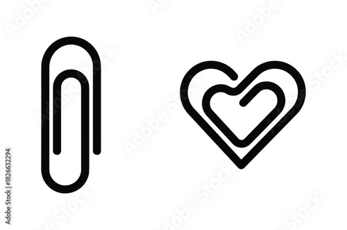 Black outline of a paperclip and a heart-shaped paperclip on a white background, representing attachment and love