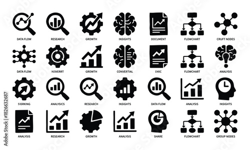 Business and data analysis black glyph icon set featuring research, growth, insights, document, flowchart, and data flow