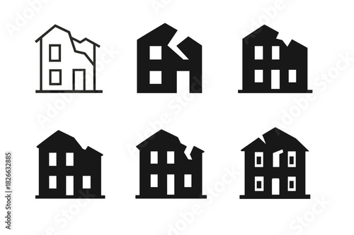 Abandoned Building Logos. Abandoned building. Icon set. Set Logo of abandoned building: roof caving in. harmonious logo variations of the same emblematic