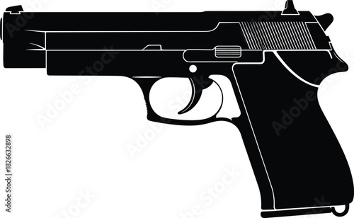 Handgun silhouette illustration, black pistol graphic, firearm side view design, weapon outline art, vector gun icon for creative project use