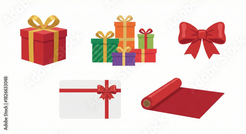 Colorful collection of celebration gifts, presents with bows, and wrapping supplies