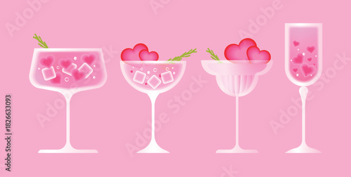 Pink Valentines cocktails in elegant glasses with heart ice cubes and bubbles on soft background. Romantic drink set for holiday greeting cards, posters and social media