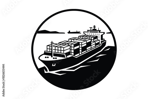 Cargo ship in circle, ocean freighter with containers, sea transportation vessel