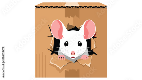 Adorable white mouse peeking playfully from a torn cardboard box, perfect for children's books and whimsical designs or fun educational content