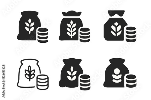 Agricultural Trade Icons. Trade in agricultural products and commodities. Icon set. Set Logo of trade in agricultural products and commodities: grain sack and