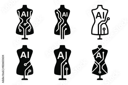 AI Fashion Logos. AI in creative industries. Icon set. Set Logo of AI in creative industries: fashion mannequin wrapped in algorithmic pattern. harmonious logo