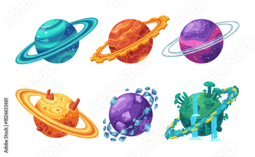 Cartoon planets set with fantasy cosmic rings