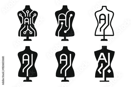AI Fashion Logos. AI in creative industries. Icon set. Set Logo of AI in creative industries: fashion mannequin wrapped in algorithmic pattern. harmonious logo