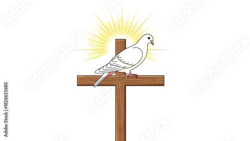 Symbol of hope a dove rests peacefully on a wooden cross bathed in divine light perfect for Easter and religious celebrations