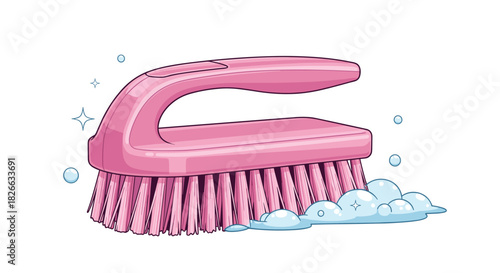 A colorful pink scrub brush with a sturdy handle and dense bristles, surrounded by sparkling soap bubbles, symbolizing effective cleaning and hygiene.