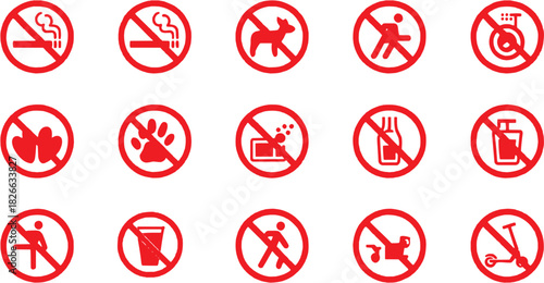 Prohibited action warning icon set. Vector glyph pictograms of red circle, slash, forbidden symbol, no entry, restricted sign, danger alert, safety rule black silhouette