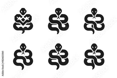 Anaconda Logo Variations. Rainforest animals. Icon set. Set Logo of anaconda. harmonious logo variations of the same emblematic concept (Symmetrical form,