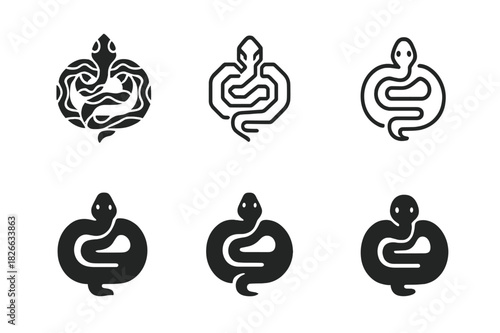Anaconda Logo Variations. Rainforest animals. Icon set. Set Logo of anaconda. harmonious logo variations of the same emblematic concept (Symmetrical form,