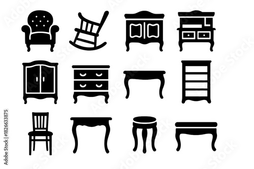 Antique Furniture Icons. Antique Furniture Collection. Solid icon set of armchair, rocking chair, sideboard, writing desk, wardrobe, chest of drawers, coffee