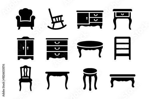 Antique Furniture Icons. Antique Furniture Collection. Solid icon set of armchair, rocking chair, sideboard, writing desk, wardrobe, chest of drawers, coffee