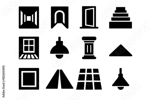 Architectural Icon Grid. Architectural Perspective. Solid icon set of Architectural Perspective: hallway, arch, door, steps, window, ceiling light, pillar,