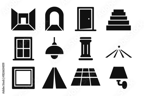 Architectural Icon Grid. Architectural Perspective. Solid icon set of Architectural Perspective: hallway, arch, door, steps, window, ceiling light, pillar,