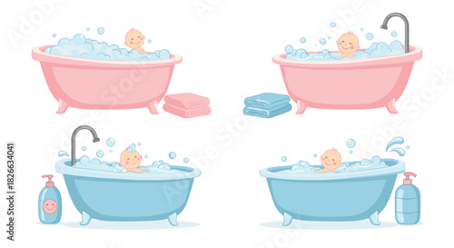 Sweet babies joyfully taking a bubble bath in colorful bathtubs, complete with soap, towels, and playful water splashes.