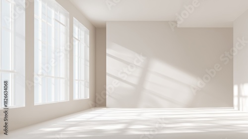 Minimal empty room interior with sunlight – bright wall and window shadow concept