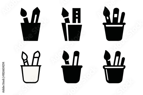 Art Supplies Icons. Art supplies in a cup. Icon set. Set Logo of art supplies in a cup: Paintbrush, ruler, and marker in holder. harmonious logo variations of