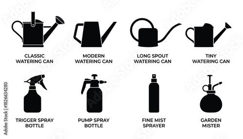 Classic and modern watering cans alongside various spray bottles for garden care needs