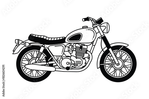 Classic scrambler motorcycle black and white outline drawing with simple style for vehicle enthusiasts
