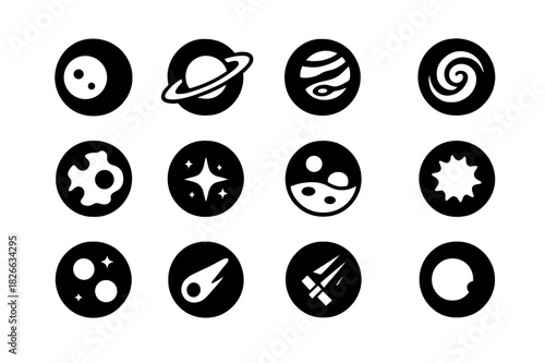 Astronomical Icon Set. Telescopic views. Solid icon set of Telescopic views: moon crater, Saturn rings, Jupiter storm, galaxy spiral, nebula cloud, distant