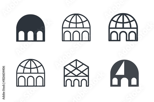 Atrium Logo Variations. Open atrium. Icon set. Set Logo of open atrium: glass dome roof. harmonious logo variations of the same emblematic concept, each with