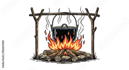 A black cooking pot hangs over a warm, crackling campfire, with smoke rising, set against a white background, evoking outdoor cooking.