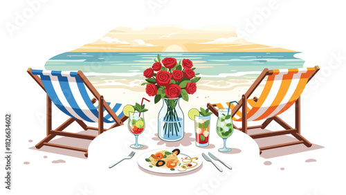 Romantic beachside dining with fresh seafood pasta, vibrant cocktails, and red roses for a memorable coastal celebration