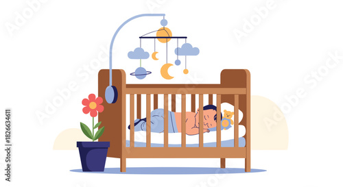Adorable baby in a crib, sleeping soundly beneath a playful space-themed mobile, beside a cheerful potted flower.