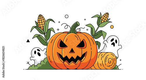 Festive Halloween scene featuring a carved pumpkin, friendly ghosts, and autumn harvest elements like corn and hay.