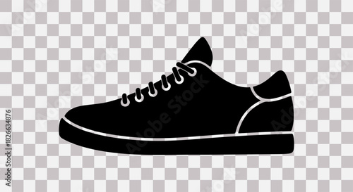 Black silhouette of a canvas sneaker with white laces and sole detail
