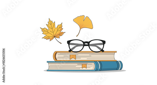 An illustration of a stack of books with reading glasses and autumn leaves, symbolizing learning and the fall season.