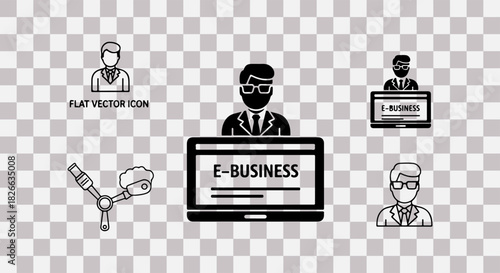 Flat vector icons representing business concepts and technology on a transparent background