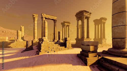 Ruins of an ancient civilization in the desert. Animation on the topics of civilization, temples and religion, travel and tourism.